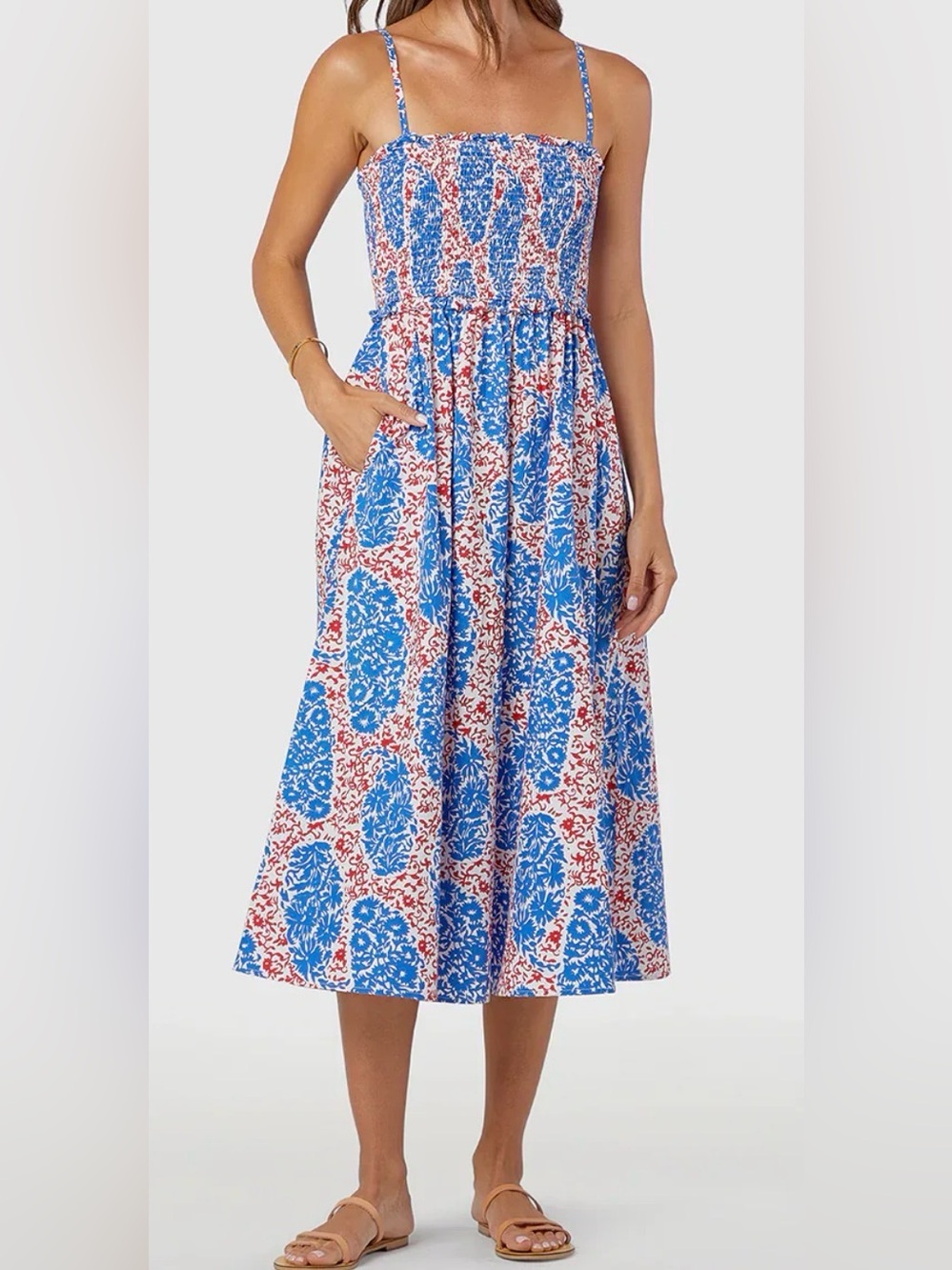 LIVRO Smocked Midi Sundress in Red White Blue Vineyard Cotton Poplin M